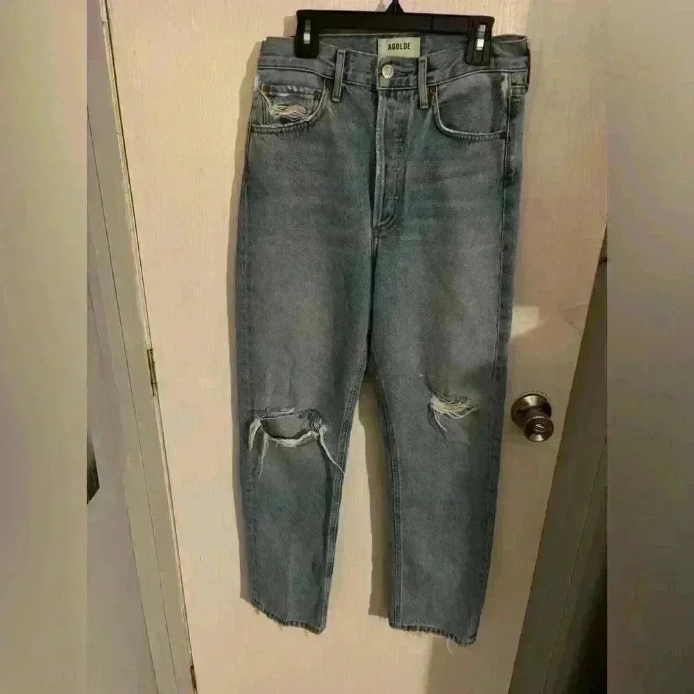 AGOLDE 90'S HIGH RISE LOOSE FIT JEANS LIGHT WASH DESTRUCTED BUTTON FLY 24